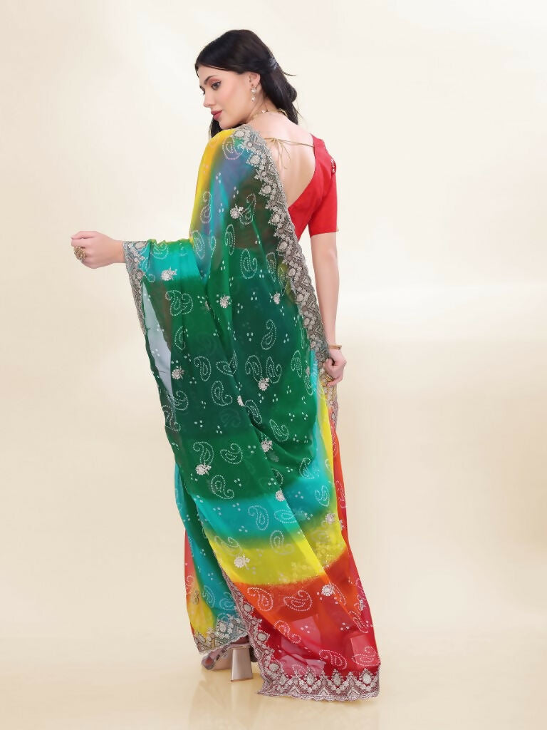 Green Georgette Bandhani Printed,Embroidery Work Saree - Bandhan