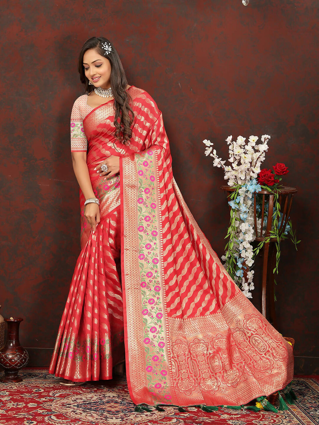 Lorenvalley Fashion Red Soft Silk Woven Design with Zari Weaving Leheriya Design Saree