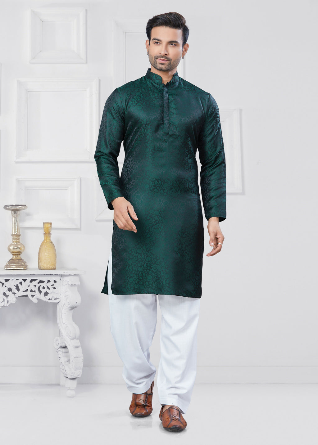 Joban Fashion Men's Jacquard Silk Green Printed Kurta Pyjama set