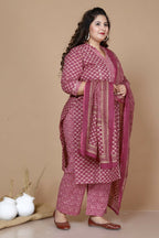 Miravan Women's Plus Size Pink Straight Floral Printed Kurta & Palazzo With Dupatta Set