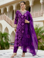 The52 Purple Women's Gorgeous Rayon Embroidered Straight Kurta with Pant And Dupatta Set - Distacart