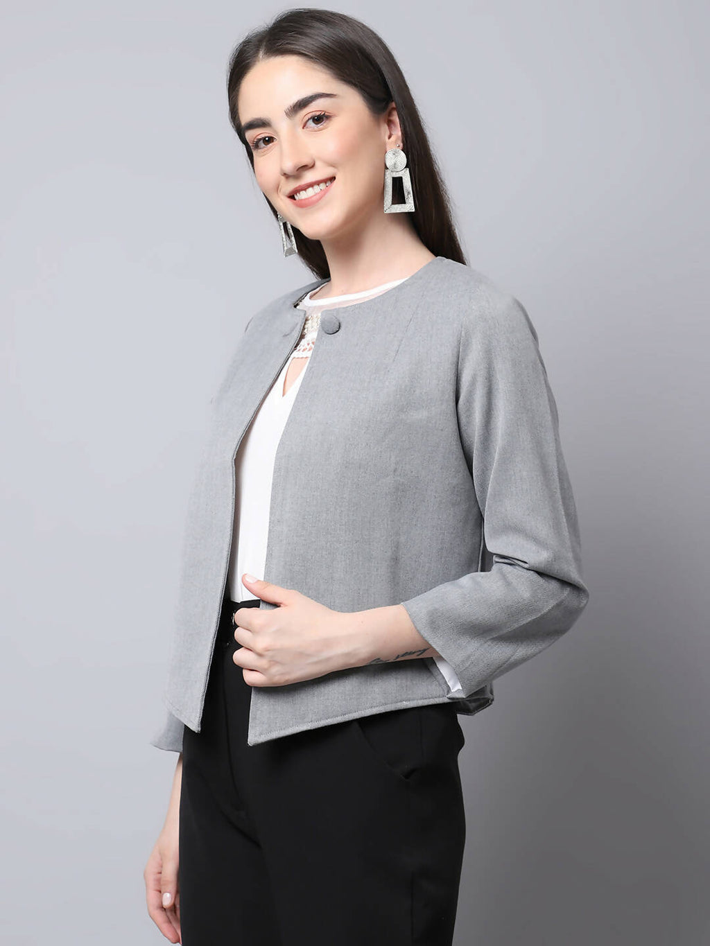 Even Apparels Grey Polywool Open Front Statement Women's Jacket