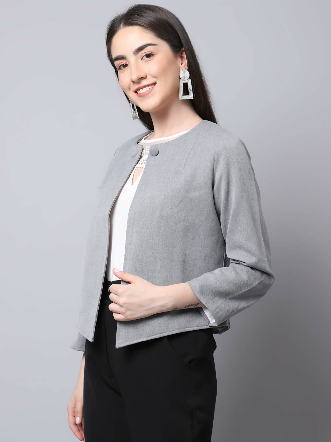 Even Apparels Grey Polywool Open Front Statement Women's Jacket