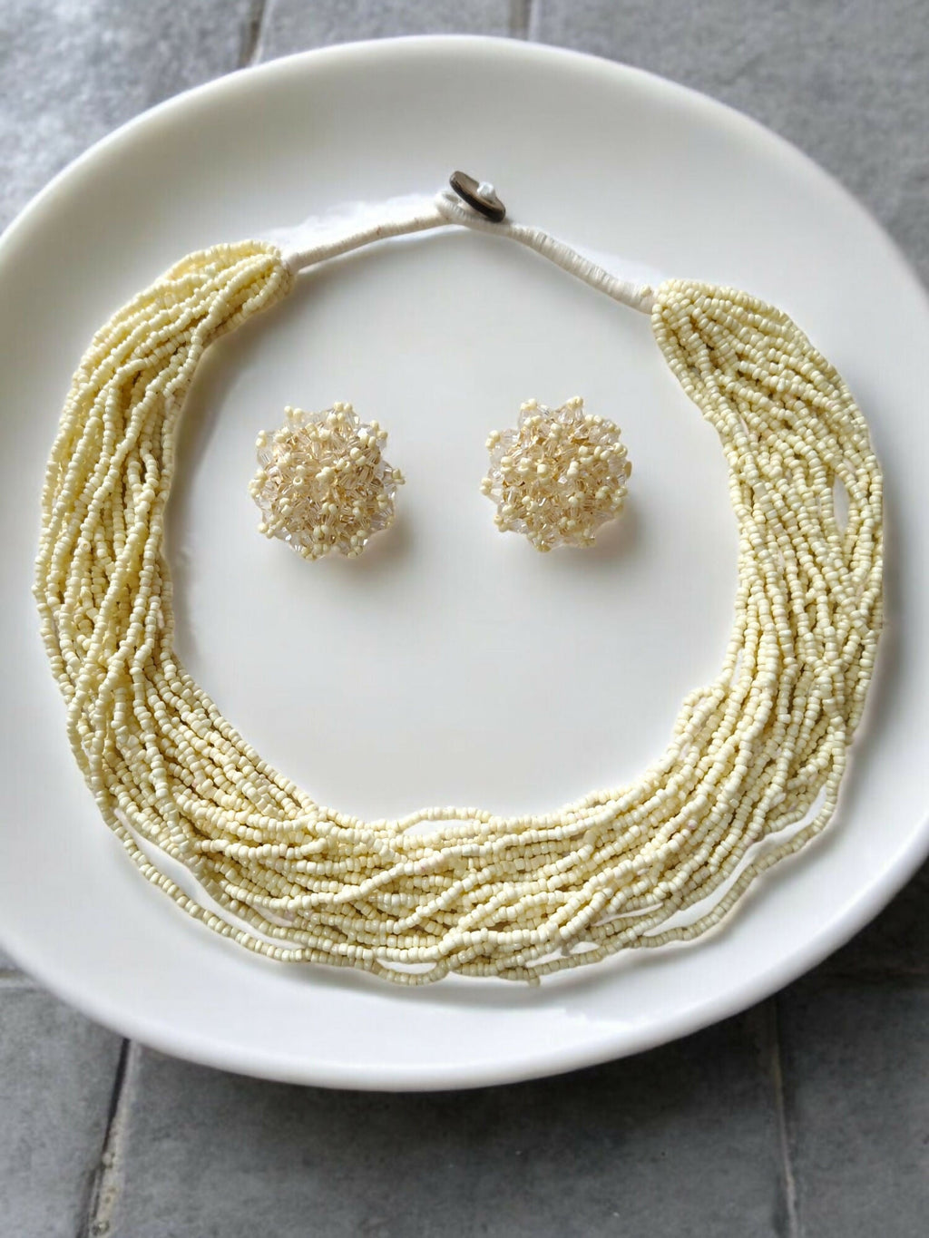 Inhanns Vibrant Handmade 20 Layers Beaded Necklace With Matching Earrings - Cream