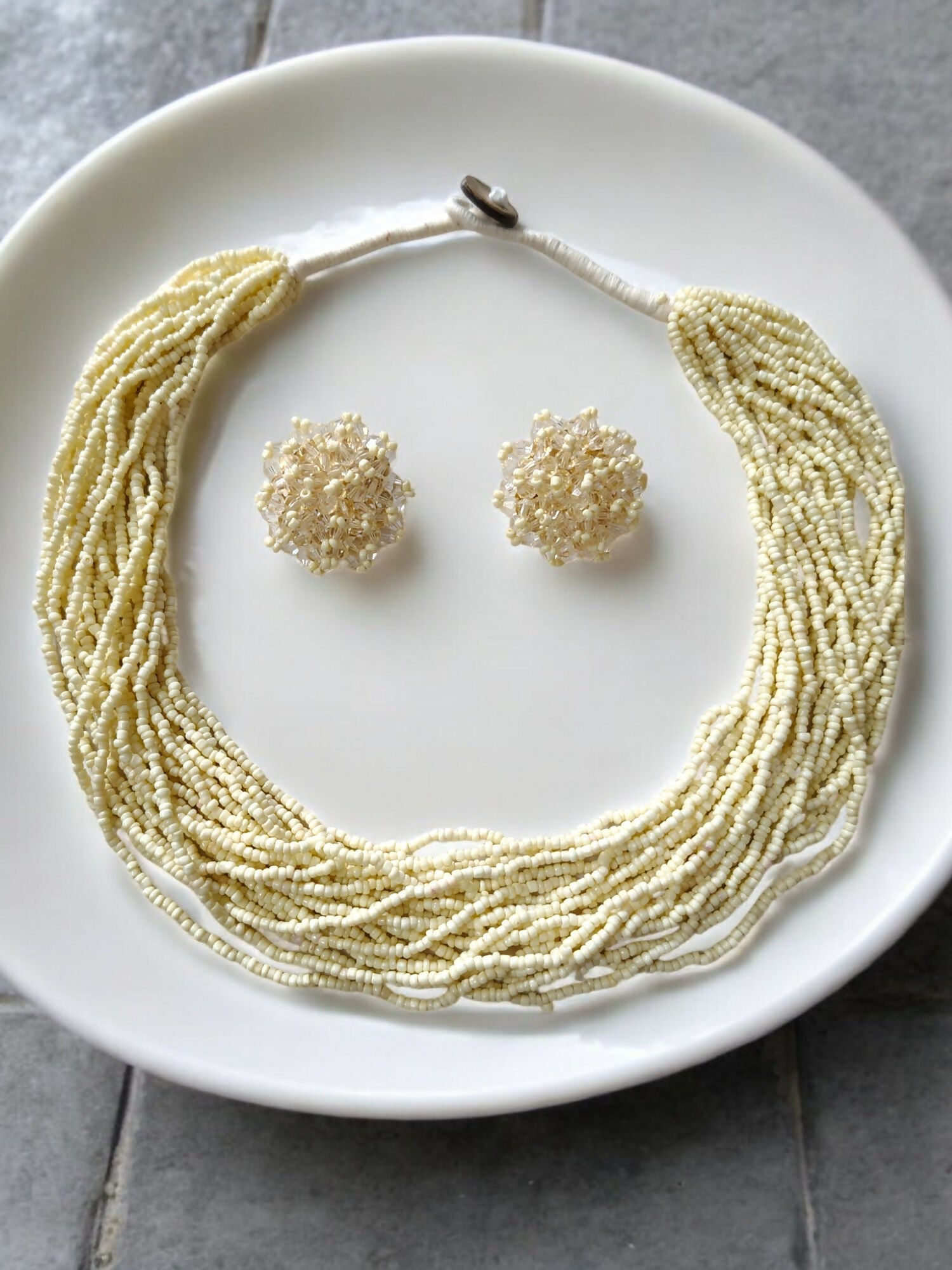 Inhanns Vibrant Handmade 20 Layers Beaded Necklace With Matching Earrings - Cream