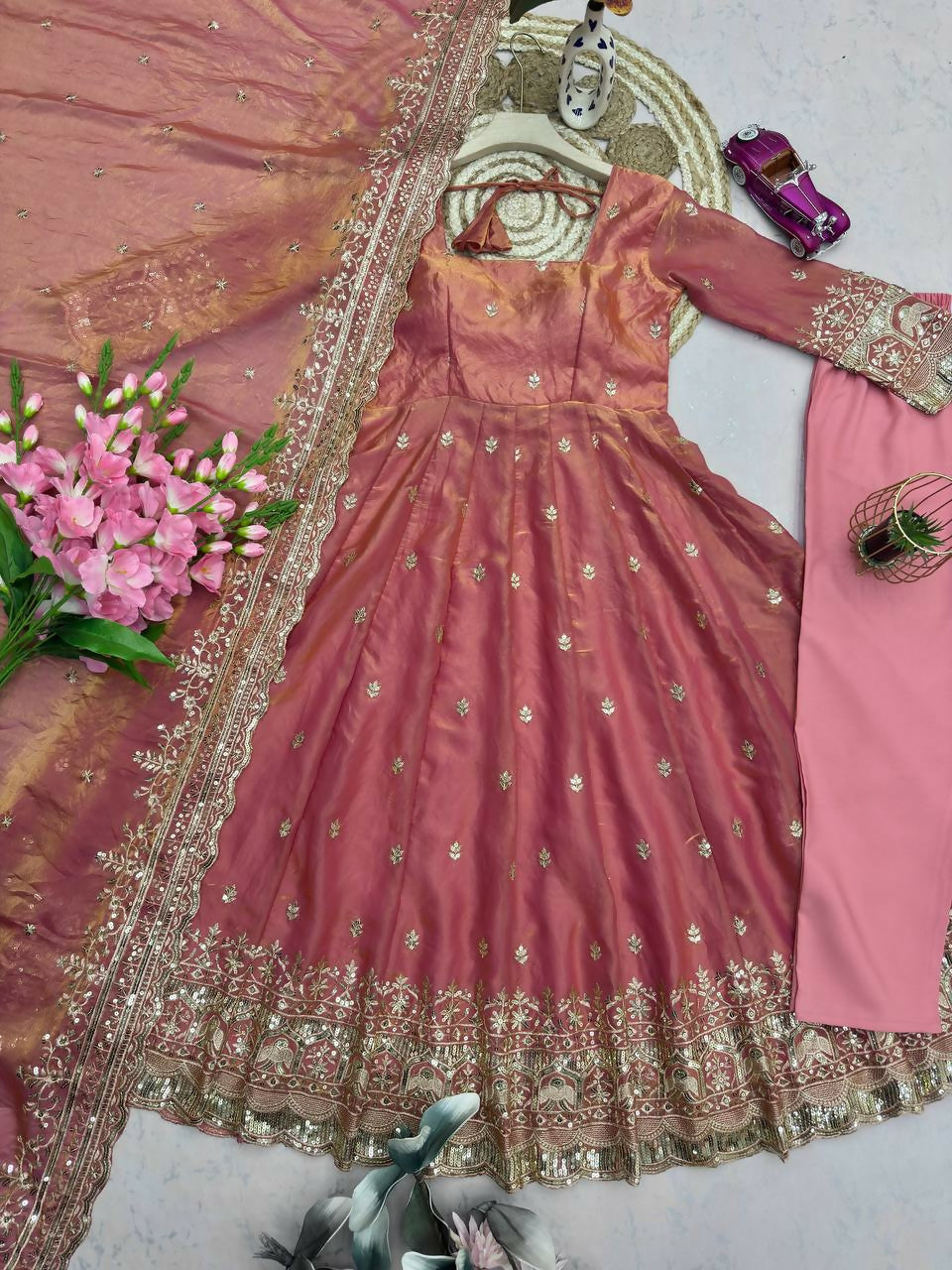 Teeya Creation Peach Fendi Silk Designer Heavy Work Wedding Wear Long Gown