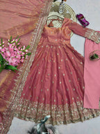 Teeya Creation Peach Fendi Silk Designer Heavy Work Wedding Wear Long Gown