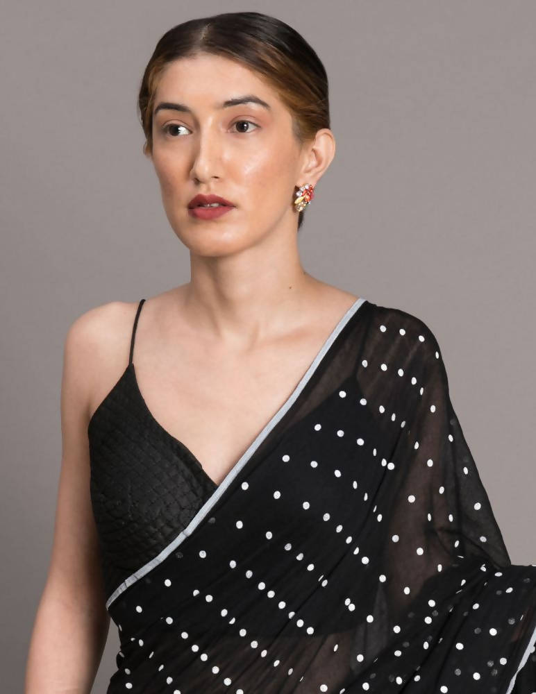 Suta Black White Polka Dots Printed Pure Cotton Saree - Distacart