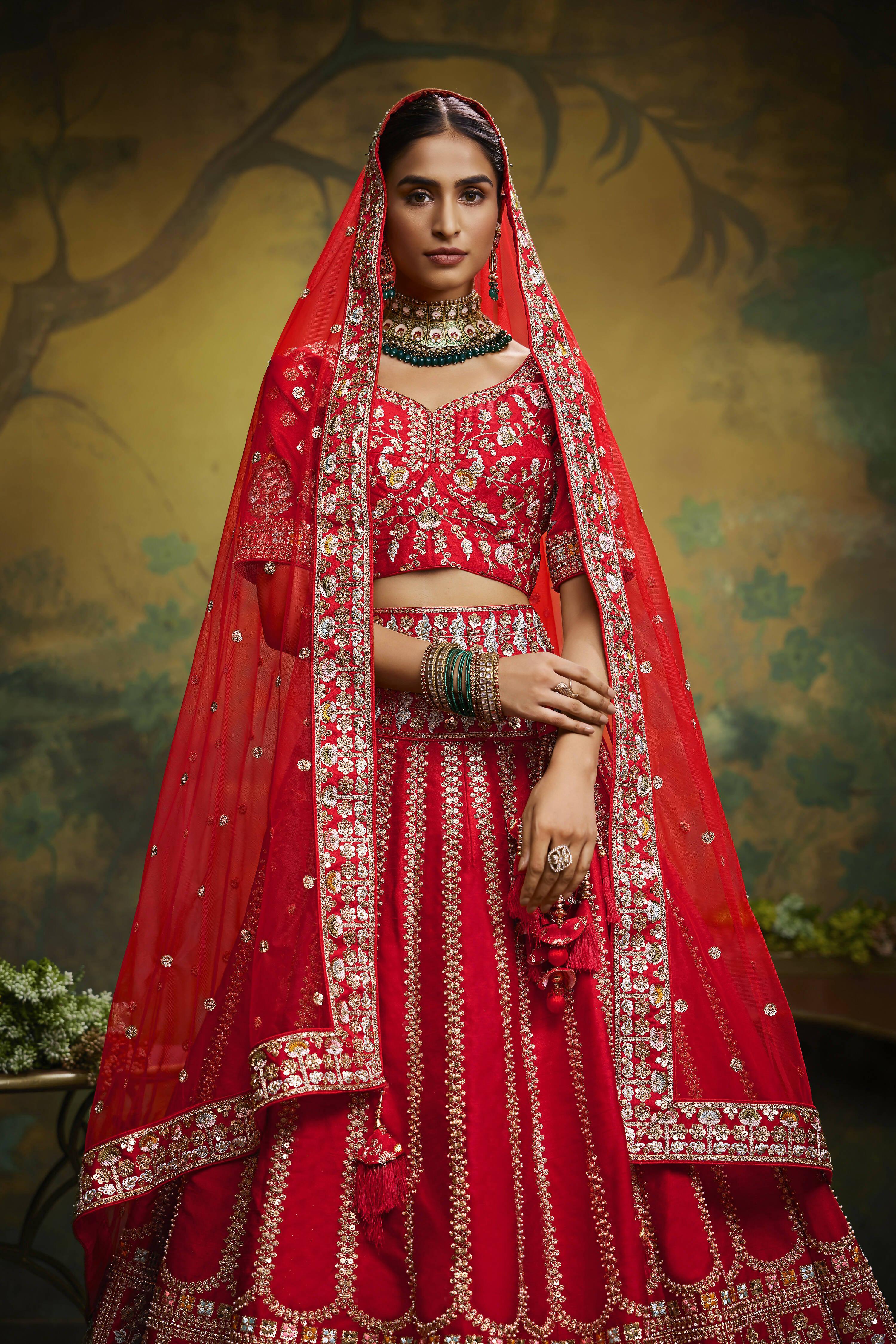 House of Panchhi Red Pure Silk Moti & Zarkan heavy embroidery Lehenga choli & Dupatta