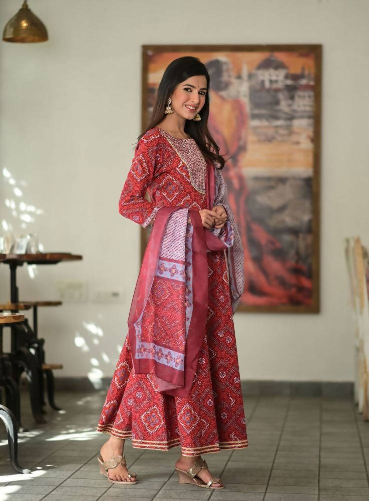 Yufta Women Red Handblock Printed A-Line Kurta & Trouser With Embroidery & Dupatta