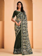 Green Satin Crepe Silk Sequence Embroidered Saree With Unstitched Blouse - Mohmanthan Yavanika