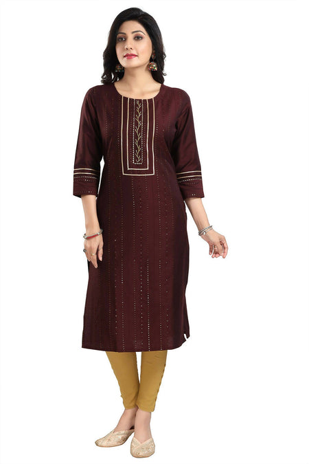 Snehal Creations Beautiful Brown Cotton Silk Designer Long Kurti Tunic With Sequines Embroidery