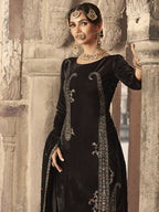 Jyoti Fashion Women's Brown Velvet Floral Resham Thread with Jari work Kurta with Trouser & Dupatta