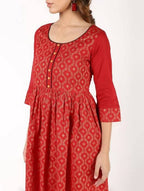 Aniyah Cotton Block Print Flared Kurta In Red (AN-151K)