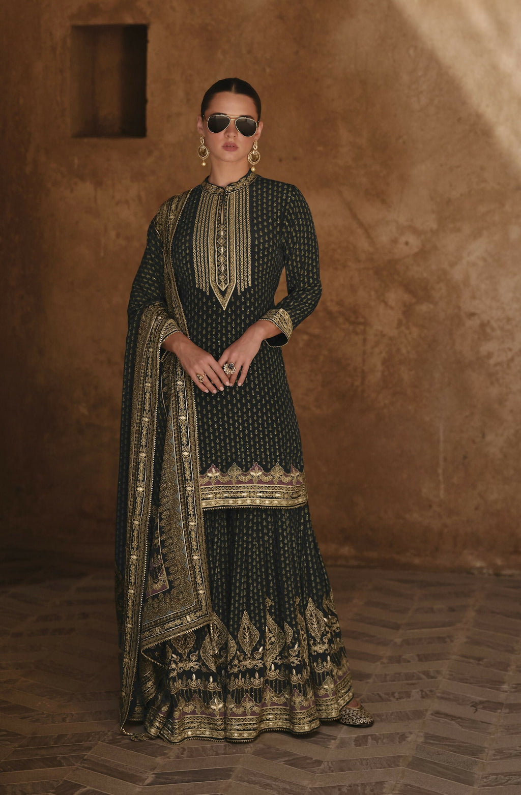 Anaita Black Silk Readymade Palazzo Suit with Swarovski Work - Distacart