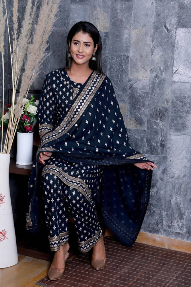 Vamika Navy Blue Gota Patti Work Rayon Party Wear Kurta Set