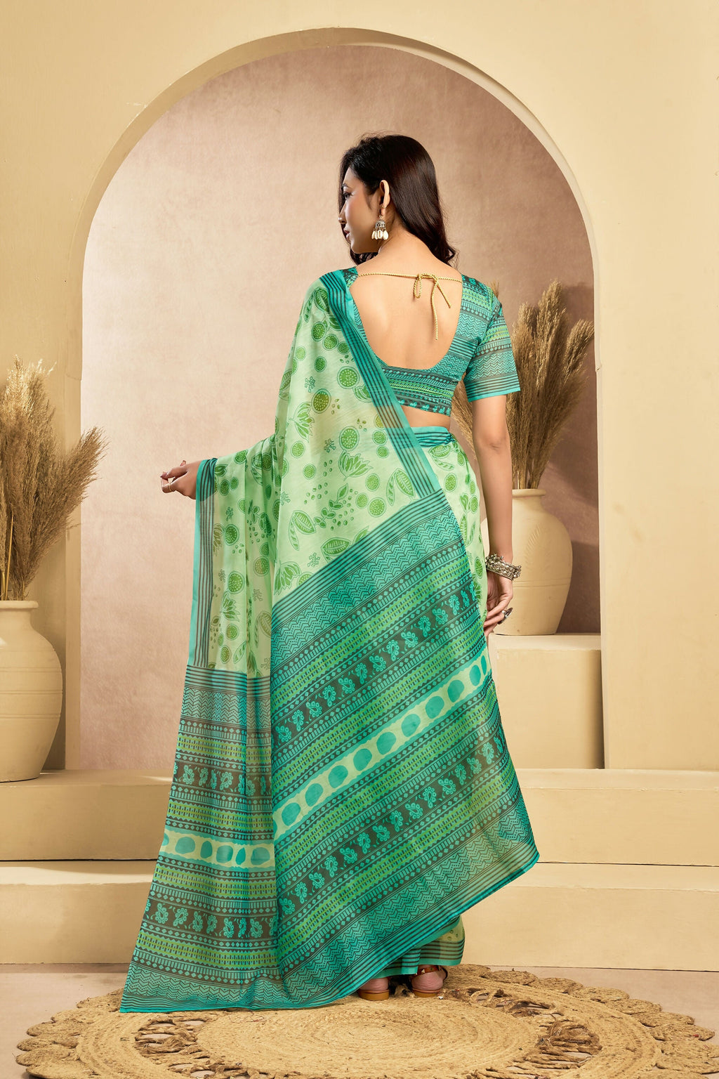 Vastranavya Mint Green Digital Printed Linen Ready To Wear Designer Saree with Unstitched Blouse - Distacart