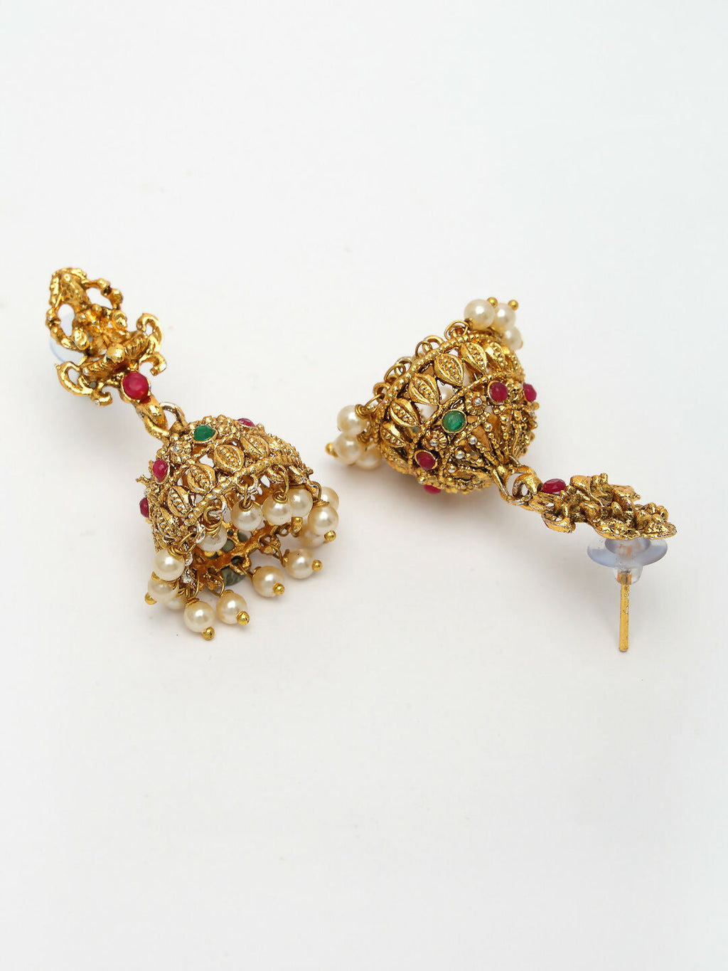 NVR Women's Set of 2 Gold-Polished Green & Pink Stone Studded Peacock & Lakshmi Design Temple Jewellery Set