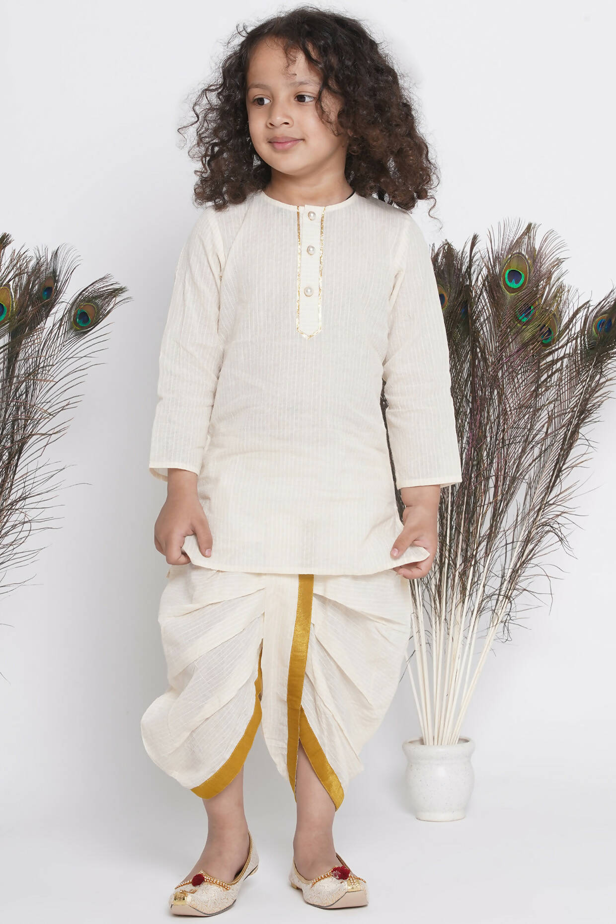 Little Bansi Banarsi Silk Floral Embroidery Jacket With Cotton Kantha kurta And Kantha Dhoti - Cream