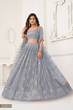 Eilara Glamorous Light Grey Net With Sequins And Thread Embroidery Real Mirror Work Lehenga Choli For Wedding