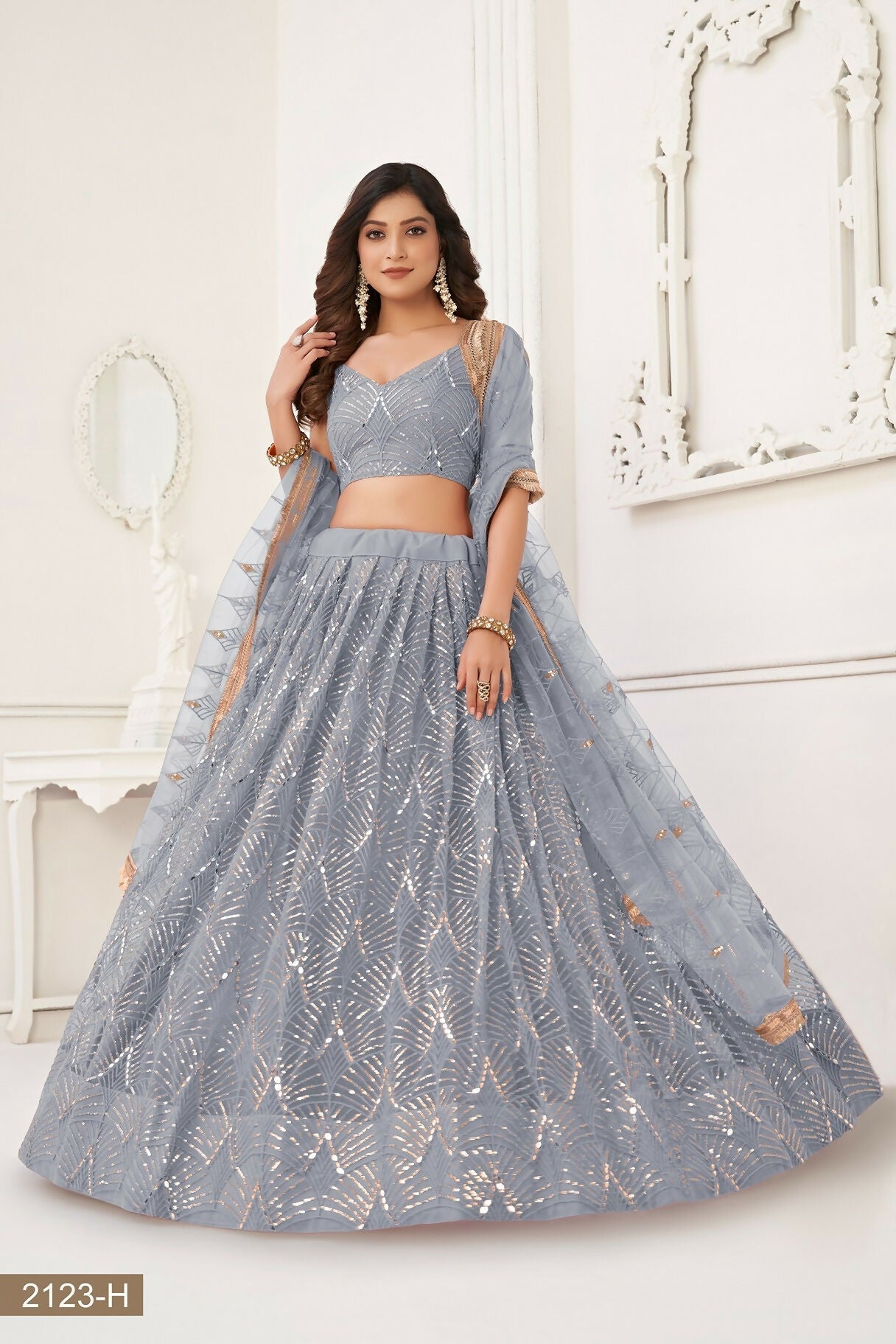 Eilara Glamorous Light Grey Net With Sequins And Thread Embroidery Real Mirror Work Lehenga Choli For Wedding