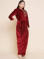 Women Republic Maroon Velvet Drape Styel Gown - Distacart