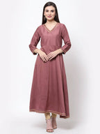Myshka Women's Dark Pink Cotton Solid 3/4 Sleeve V Neck Casual Anarkali Kurta Dupatta Set