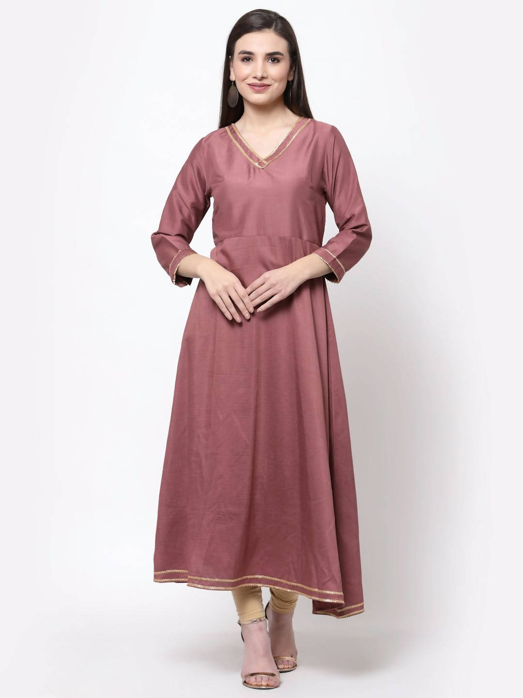 Myshka Women's Dark Pink Cotton Solid 3/4 Sleeve V Neck Casual Anarkali Kurta Dupatta Set