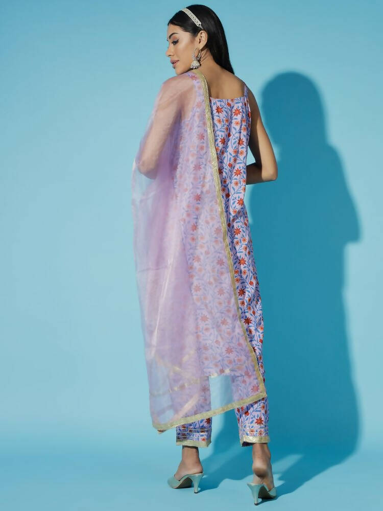 Myshka Women Printed Lavender Kurta & Trousers With Dupatta - Distacart
