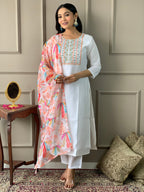 Teeya Creation White Colour Viscose Chanderi Silk Embroidery Work Fully Stitched Kurti Set - Distacart