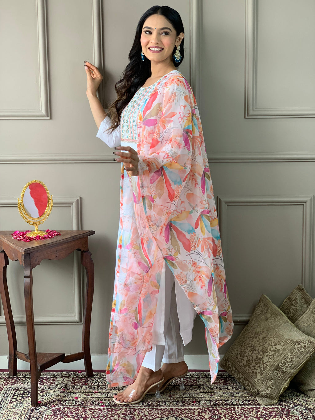 Teeya Creation White Colour Viscose Chanderi Silk Embroidery Work Fully Stitched Kurti Set - Distacart