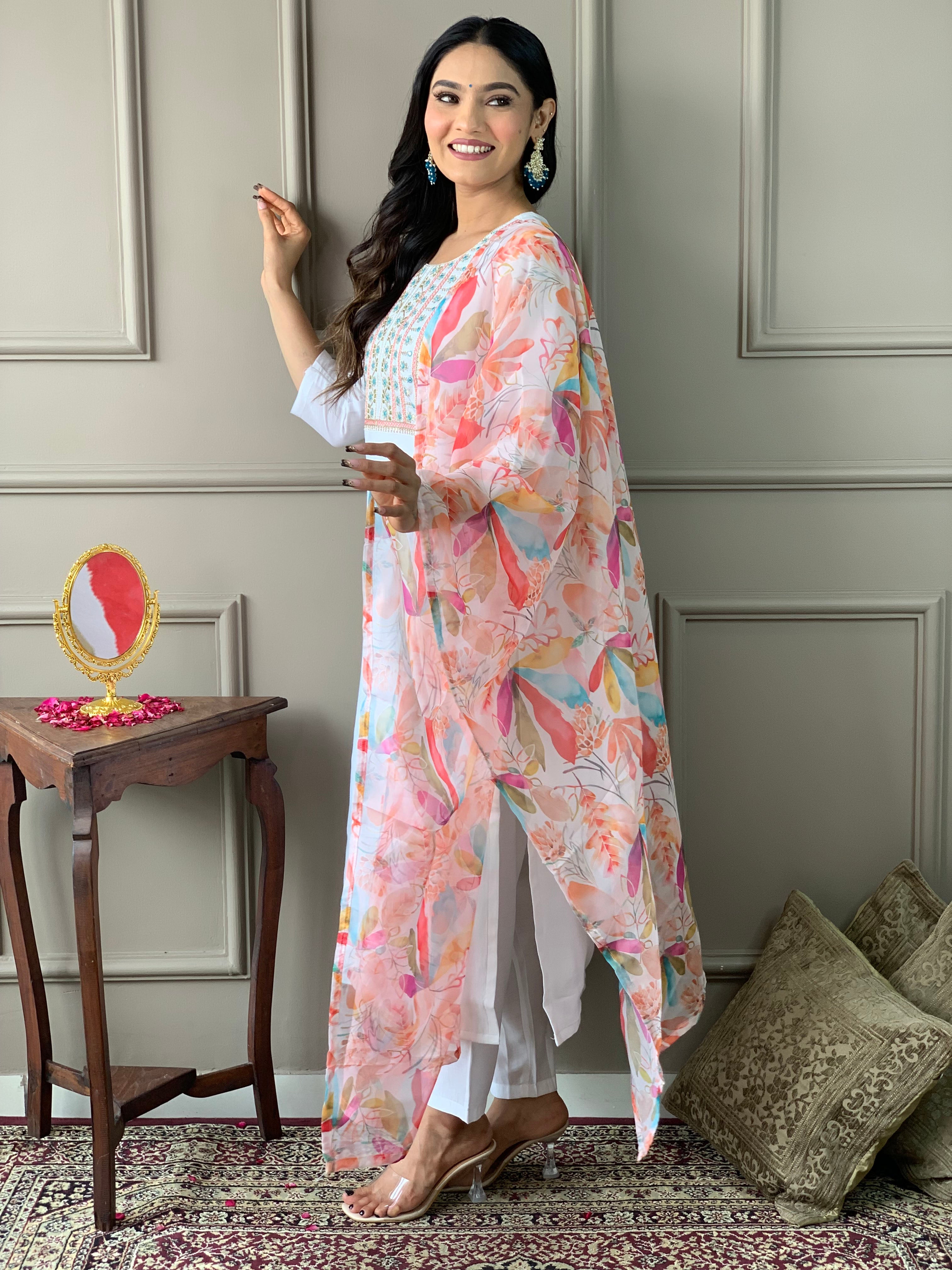Teeya Creation White Colour Viscose Chanderi Silk Embroidery Work Fully Stitched Kurti Set - Distacart