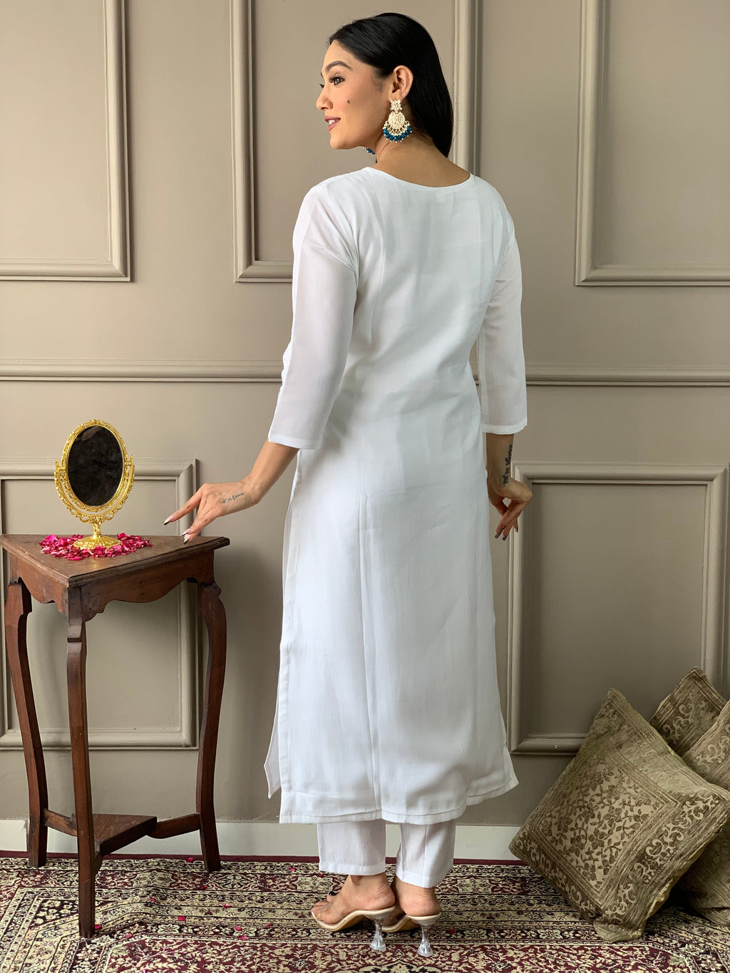 Teeya Creation White Colour Viscose Chanderi Silk Embroidery Work Fully Stitched Kurti Set - Distacart
