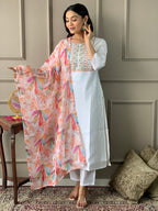 Teeya Creation White Colour Viscose Chanderi Silk Embroidery Work Fully Stitched Kurti Set - Distacart