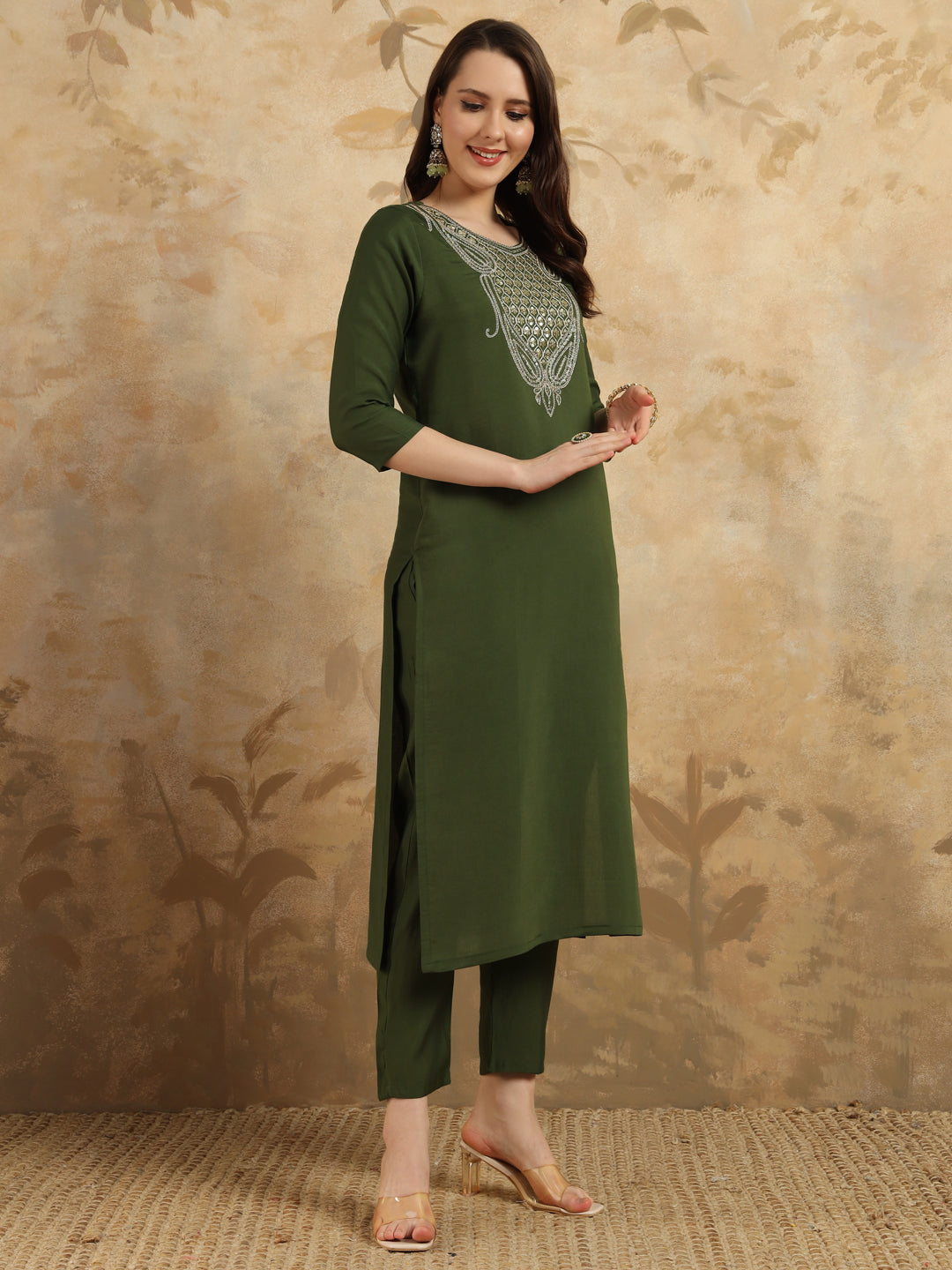 Teeya Creation Green Colour Viscose Chanderi Embroidery Work Fully Stitched Kurti Set - Distacart