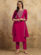 Teeya Creation Rani Colour Viscose Chanderi Embroidery Work Fully Stitched Kurti Set - Distacart
