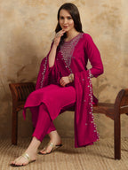 Teeya Creation Rani Colour Viscose Chanderi Embroidery Work Fully Stitched Kurti Set - Distacart