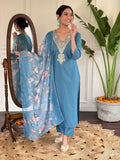 Teeya Creation Blue Colour Viscose Rayon Embroidery Work Fully Stitched Kurti Set - Distacart