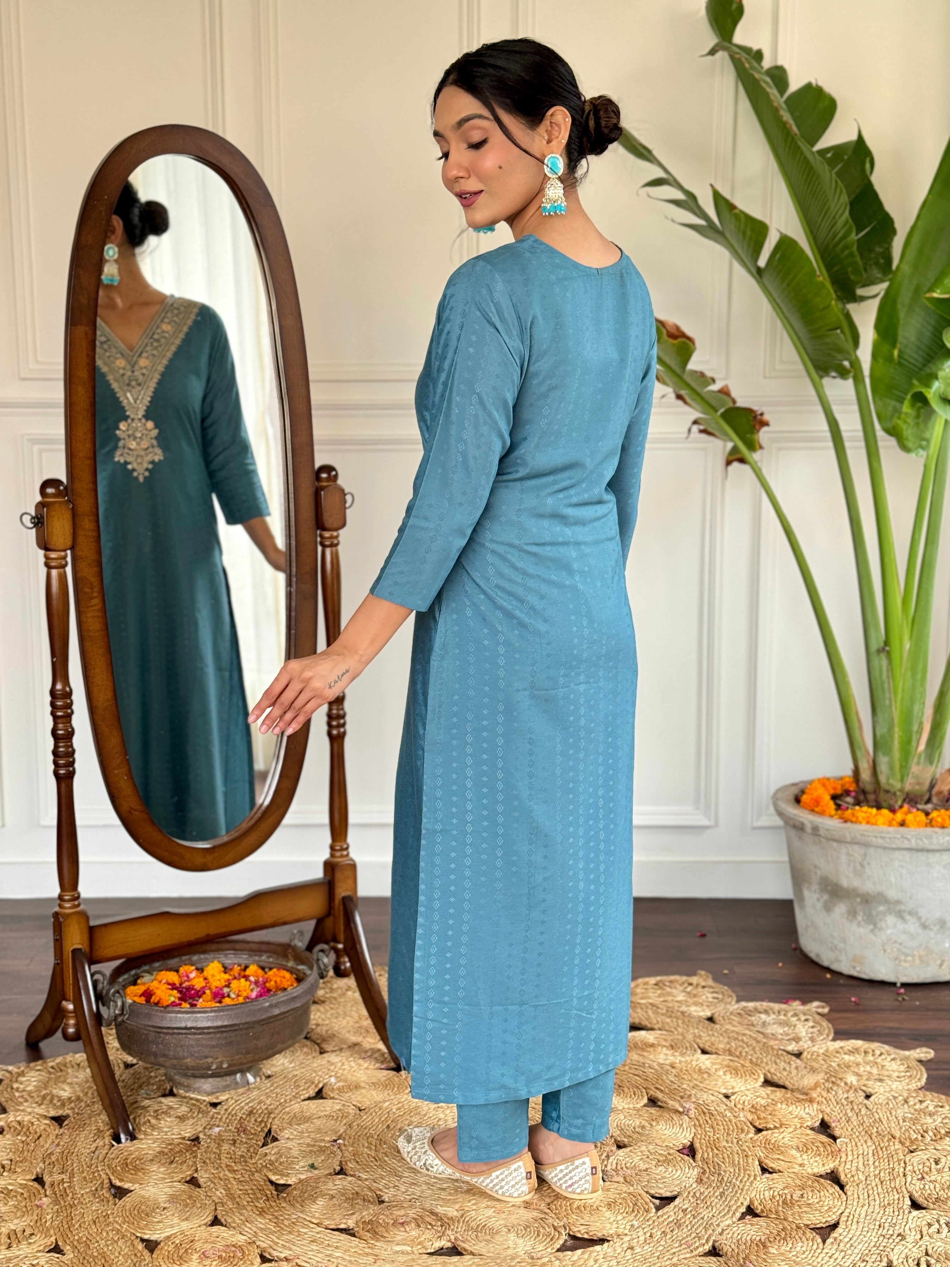 Teeya Creation Blue Colour Viscose Rayon Embroidery Work Fully Stitched Kurti Set - Distacart