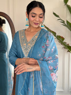 Teeya Creation Blue Colour Viscose Rayon Embroidery Work Fully Stitched Kurti Set - Distacart