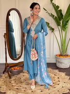Teeya Creation Blue Colour Viscose Rayon Embroidery Work Fully Stitched Kurti Set - Distacart