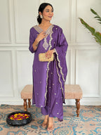 Teeya Creation Purple Colour Viscose Chanderi Embroidery Work Fully Stitched Kurti Set - Distacart