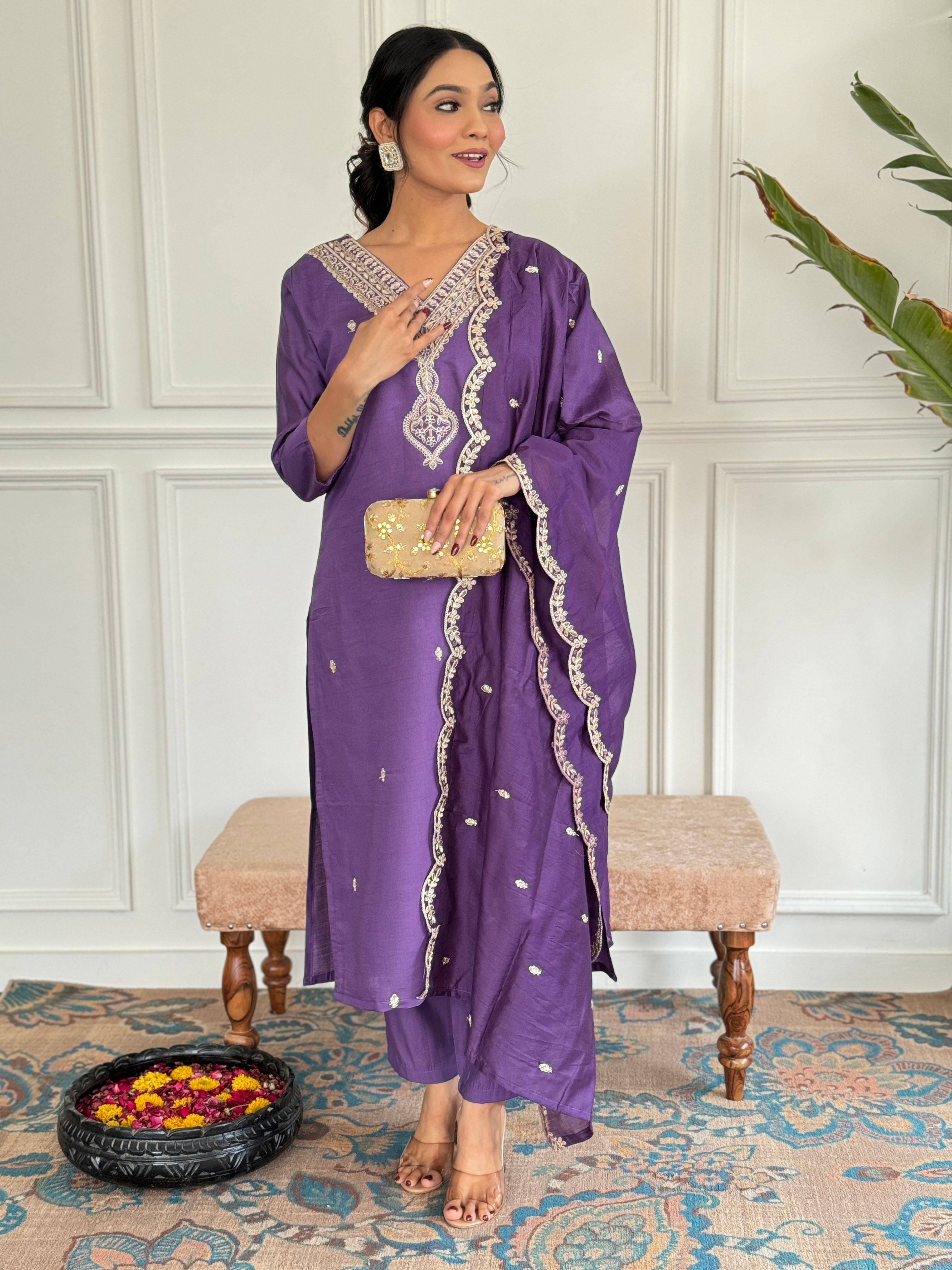 Teeya Creation Purple Colour Viscose Chanderi Embroidery Work Fully Stitched Kurti Set - Distacart