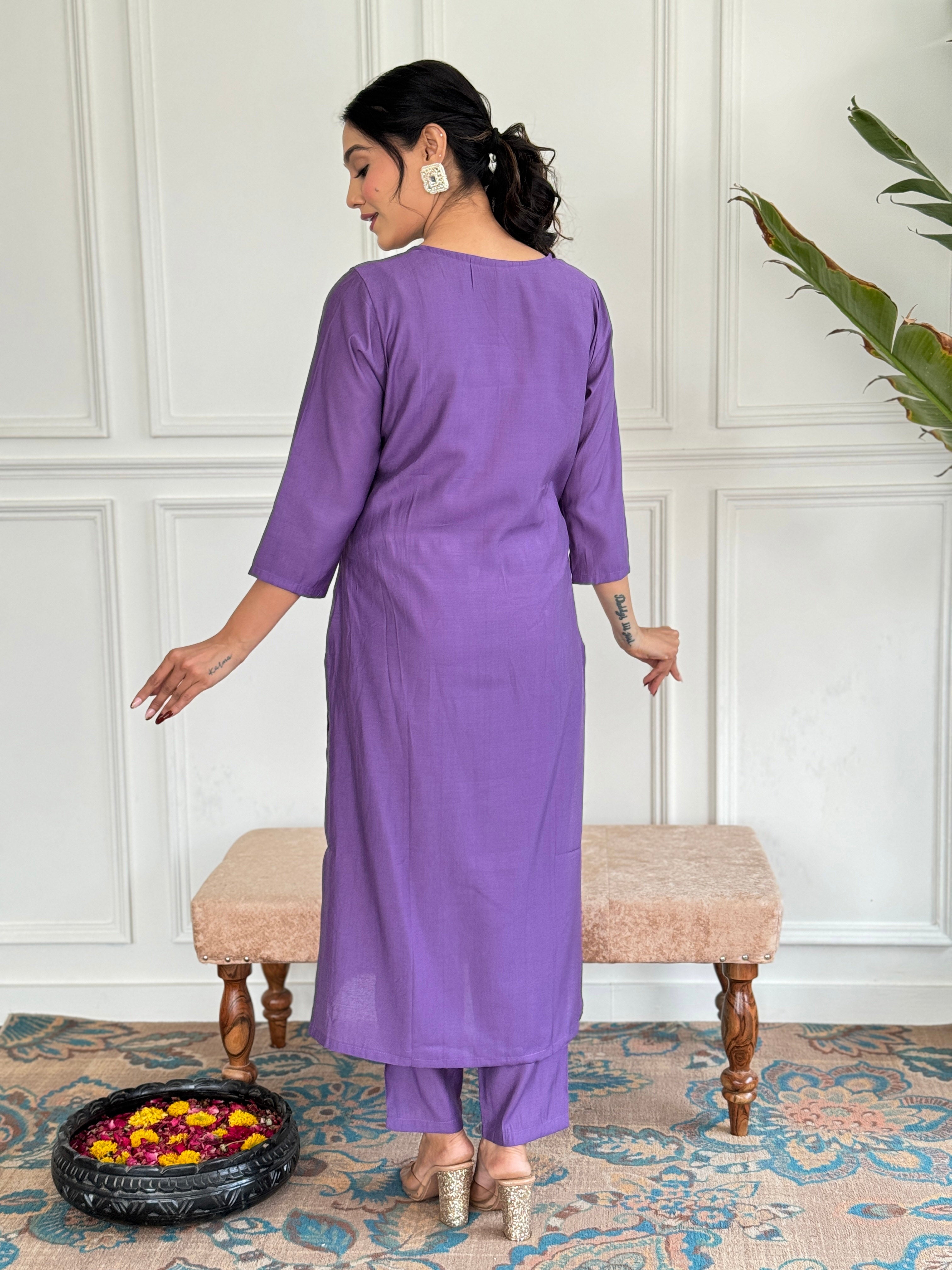 Teeya Creation Purple Colour Viscose Chanderi Embroidery Work Fully Stitched Kurti Set - Distacart