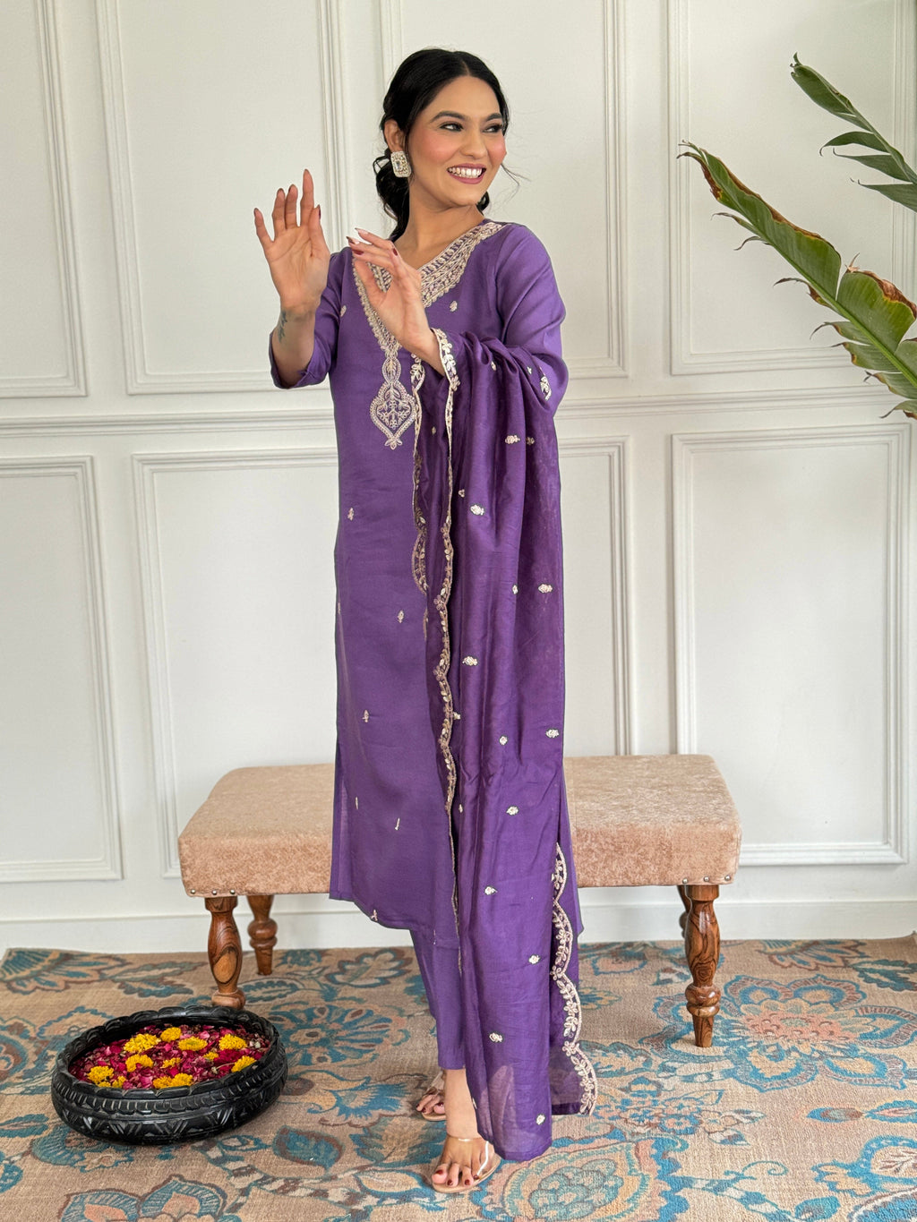 Teeya Creation Purple Colour Viscose Chanderi Embroidery Work Fully Stitched Kurti Set - Distacart