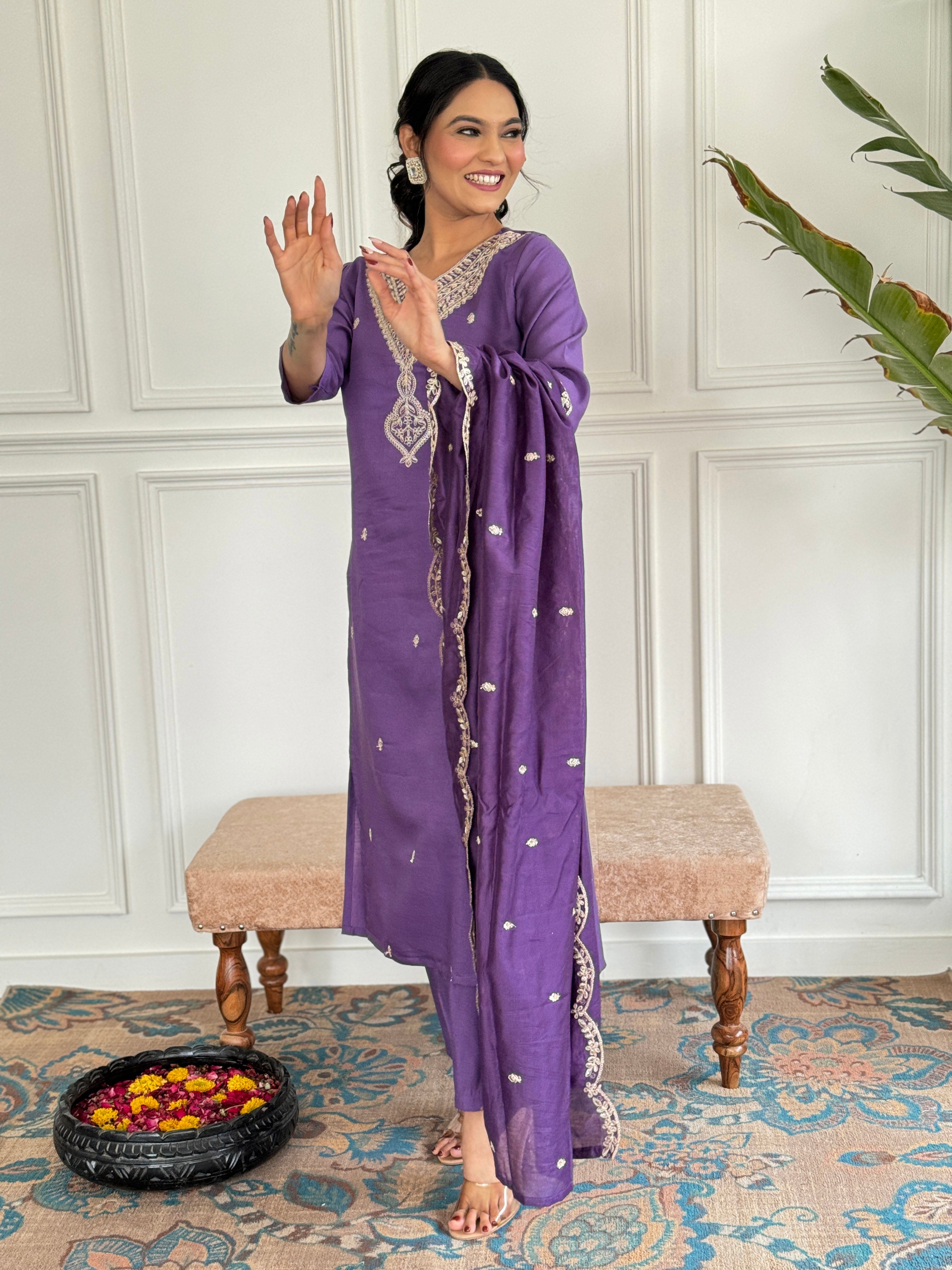 Teeya Creation Purple Colour Viscose Chanderi Embroidery Work Fully Stitched Kurti Set - Distacart