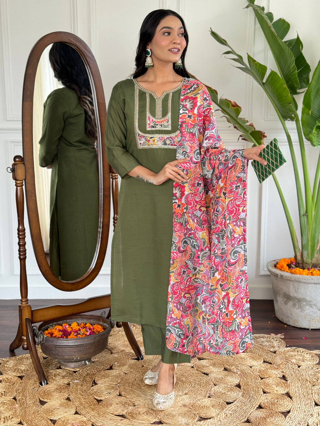 Teeya Creation Green Colour Viscose Chanderi Embroidery Work Fully Stitched Kurti Set - Distacart