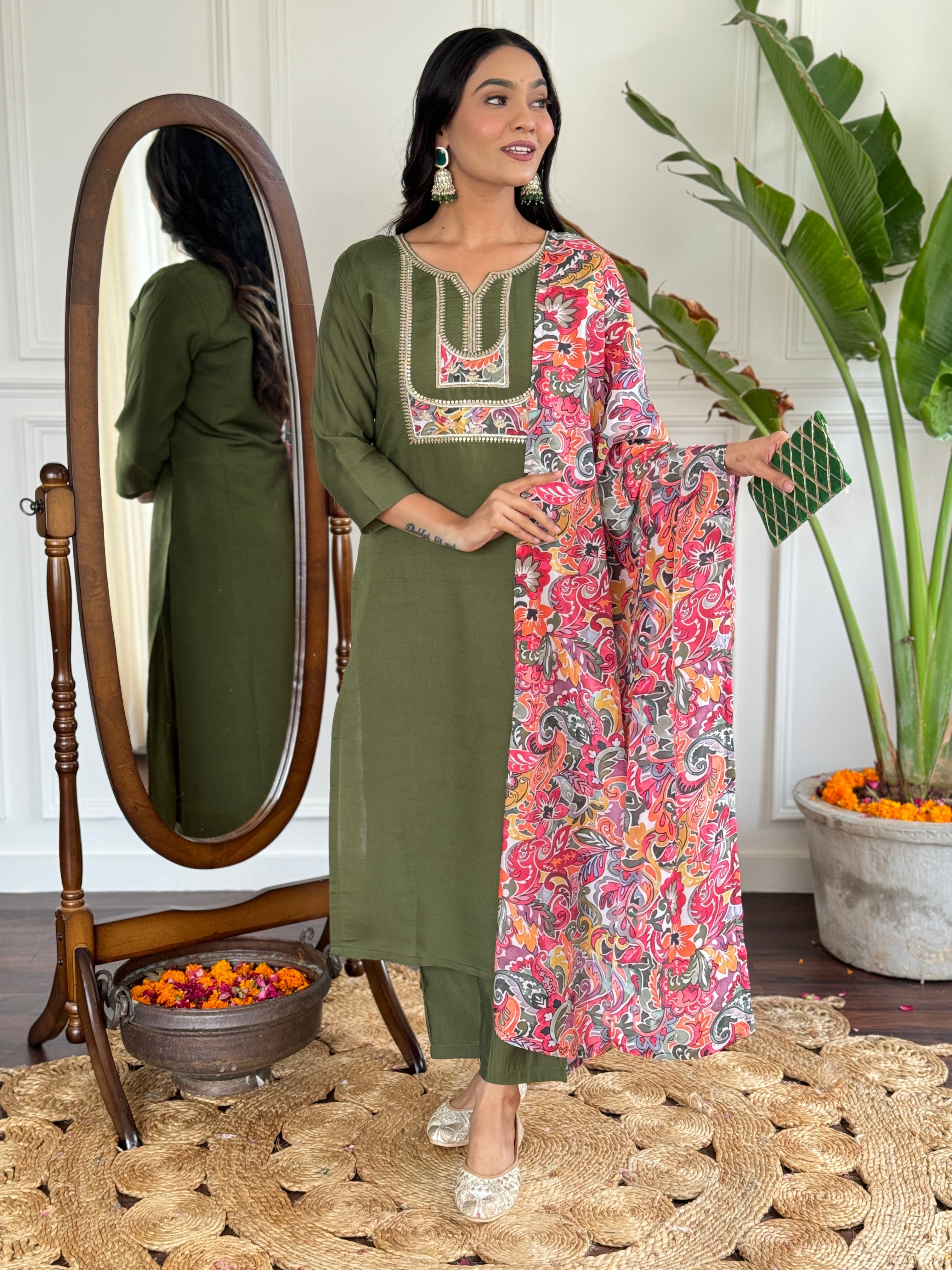Teeya Creation Green Colour Viscose Chanderi Embroidery Work Fully Stitched Kurti Set - Distacart