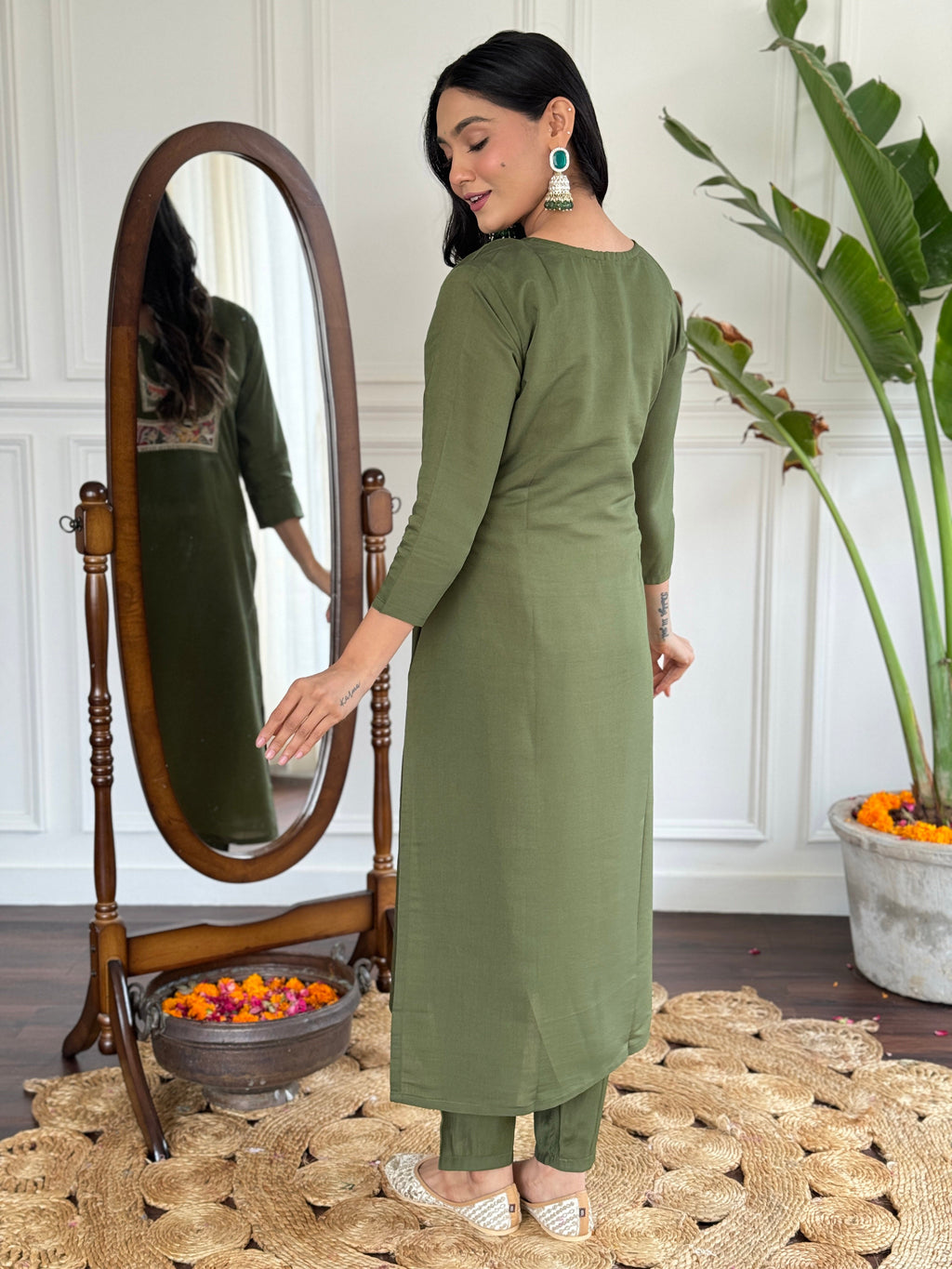 Teeya Creation Green Colour Viscose Chanderi Embroidery Work Fully Stitched Kurti Set - Distacart