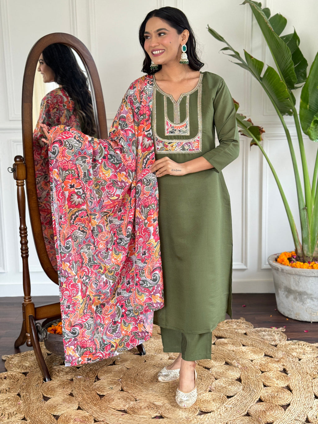 Teeya Creation Green Colour Viscose Chanderi Embroidery Work Fully Stitched Kurti Set - Distacart